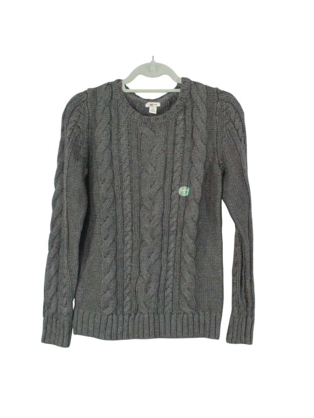 LL Bean Double L Cable Chunky Knit Sweater Crewneck Gray Preppy Outdoor Small